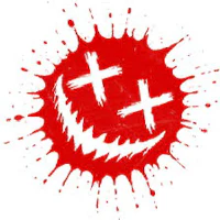 a red splatter with a cross on it